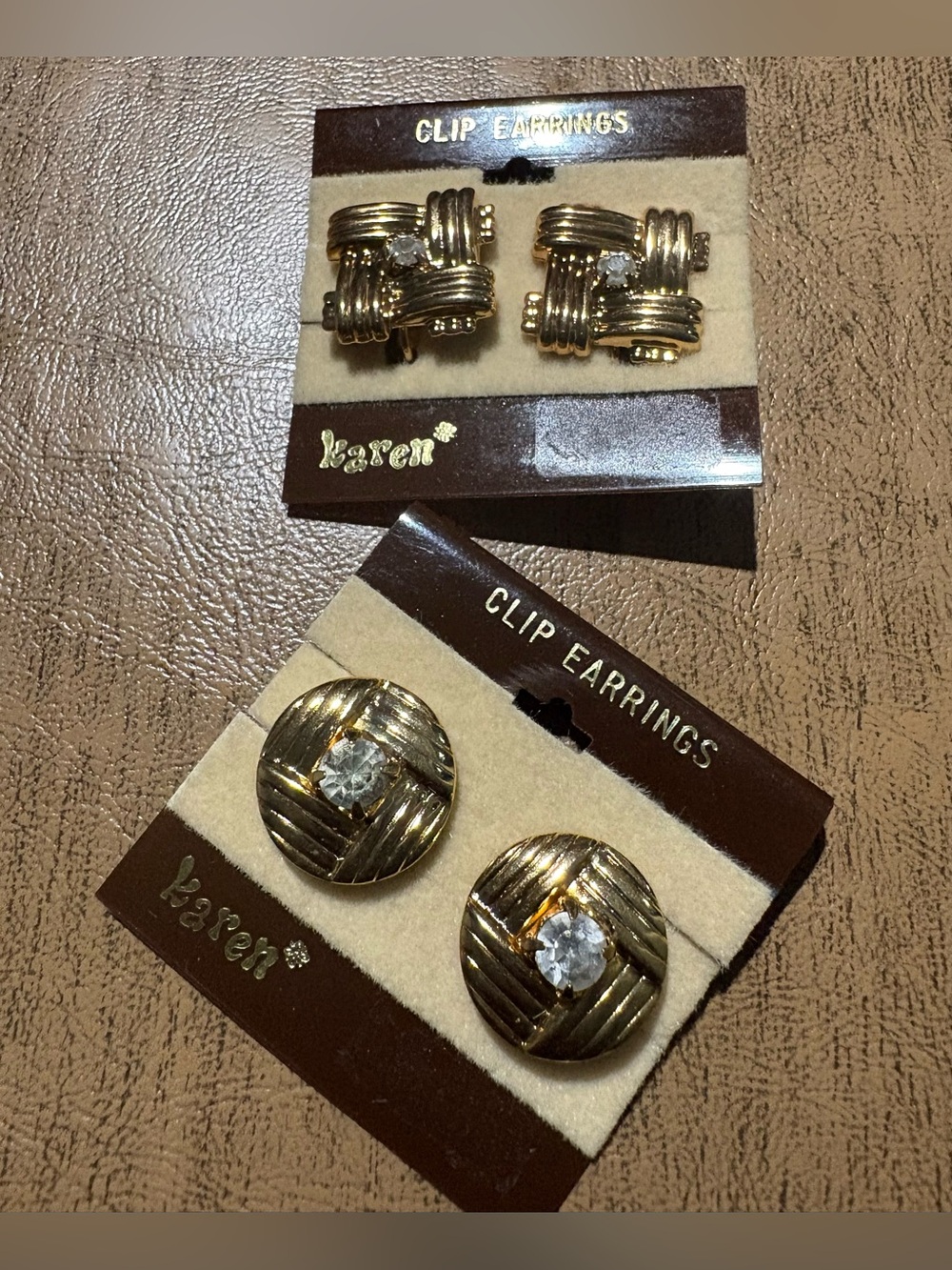 Vintage Karen Gold-Tone Clip Earrings with Clear Rhinestones 2 Pairs